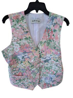 Vintage Pastel Floral Cotton Vest Orvis Tie-Back Button Multi-Color Women's Med